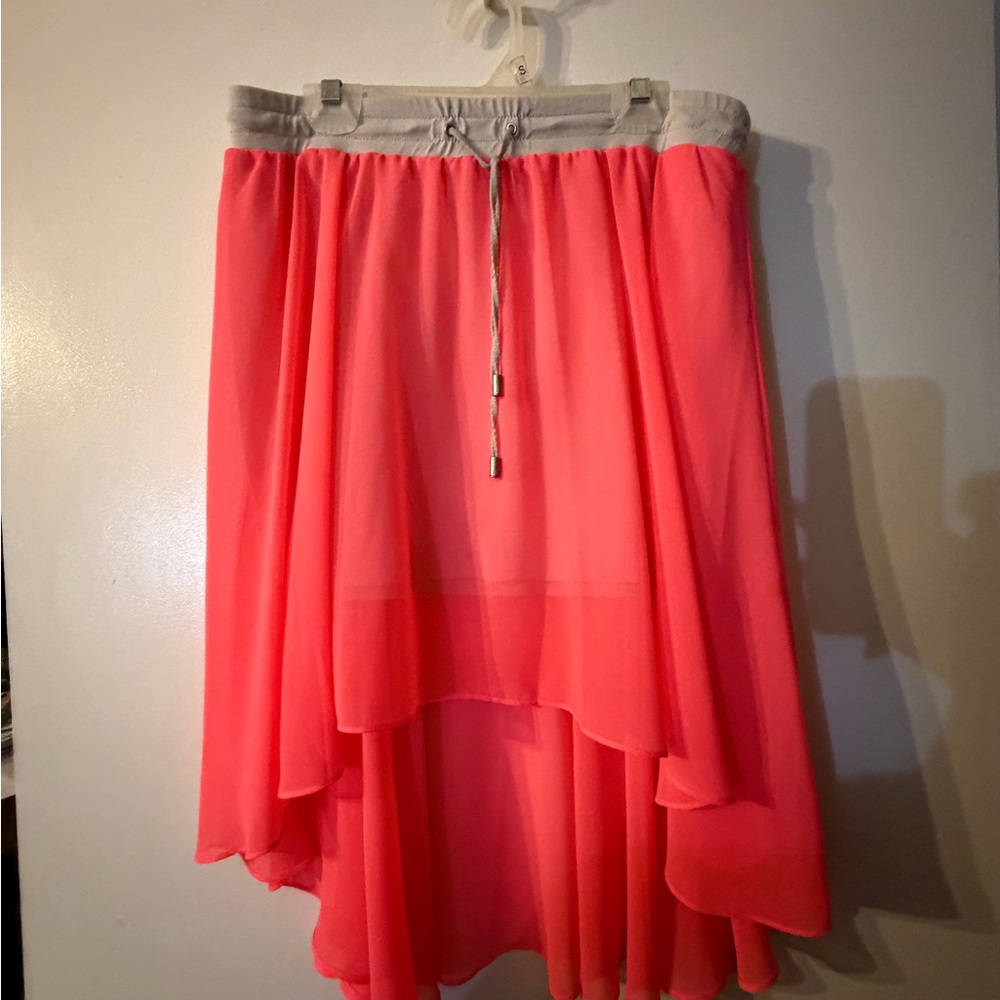 Armani Exchange Coral High-Low Chiffon Skirt with Gray Waistband